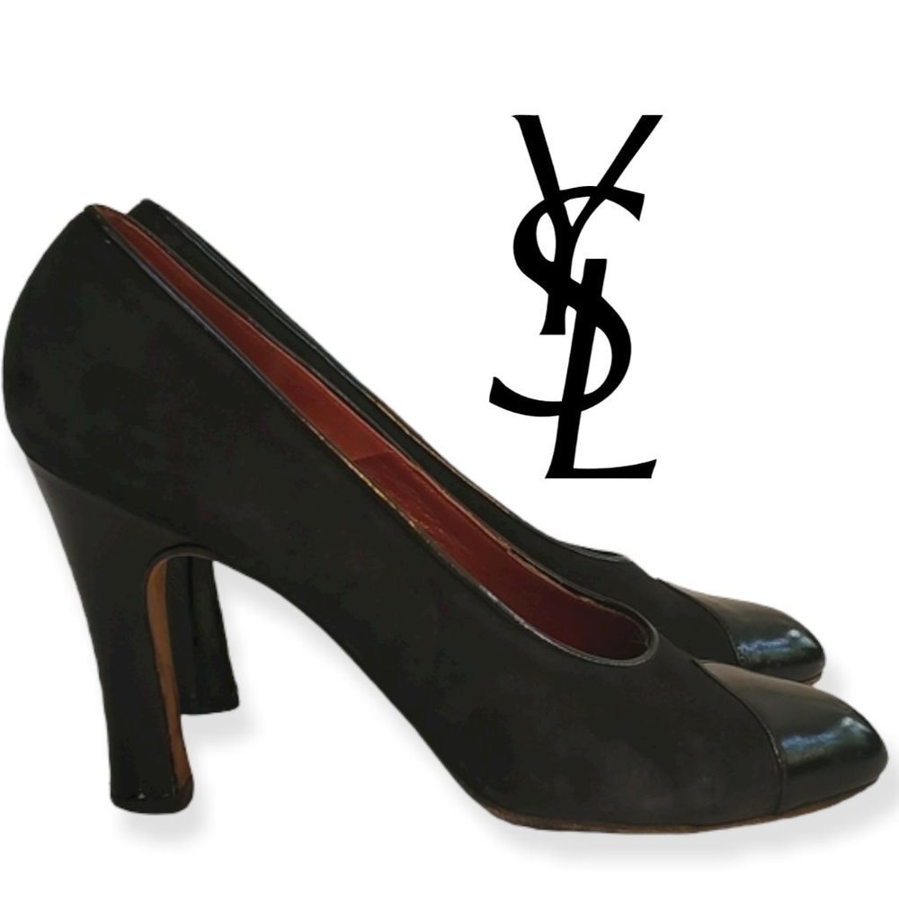 Vintage Yves Saint Laurent Designer Black Suede / Patent Cap Toe Pumps - Size 8N